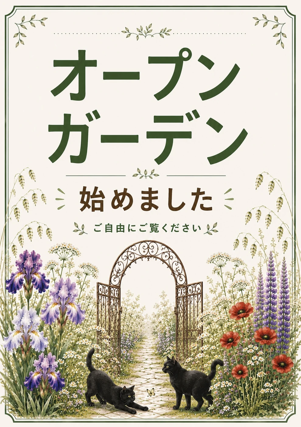 看板の表のデザイン。開いた門と、こちらを向いた黒猫2匹、季節の花