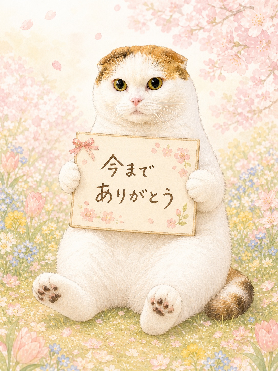 花畑で「今までありがとう」のカードを持つ猫のメモリアルアート