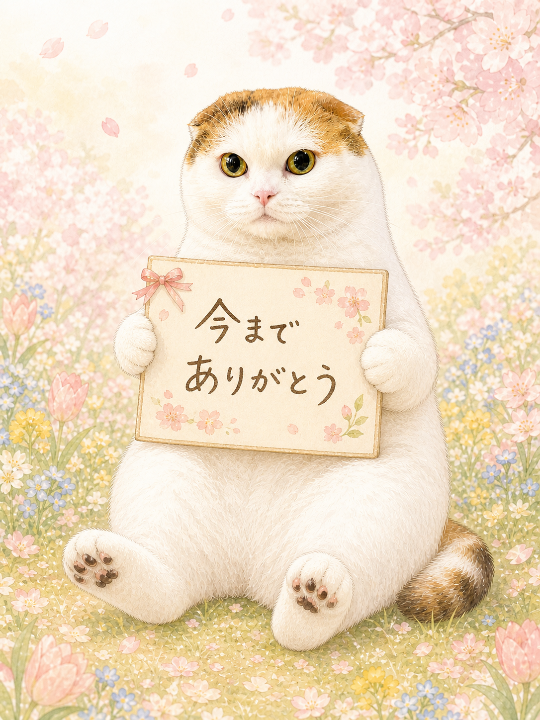 花畑で「今までありがとう」のカードを持つ猫のメモリアルアート