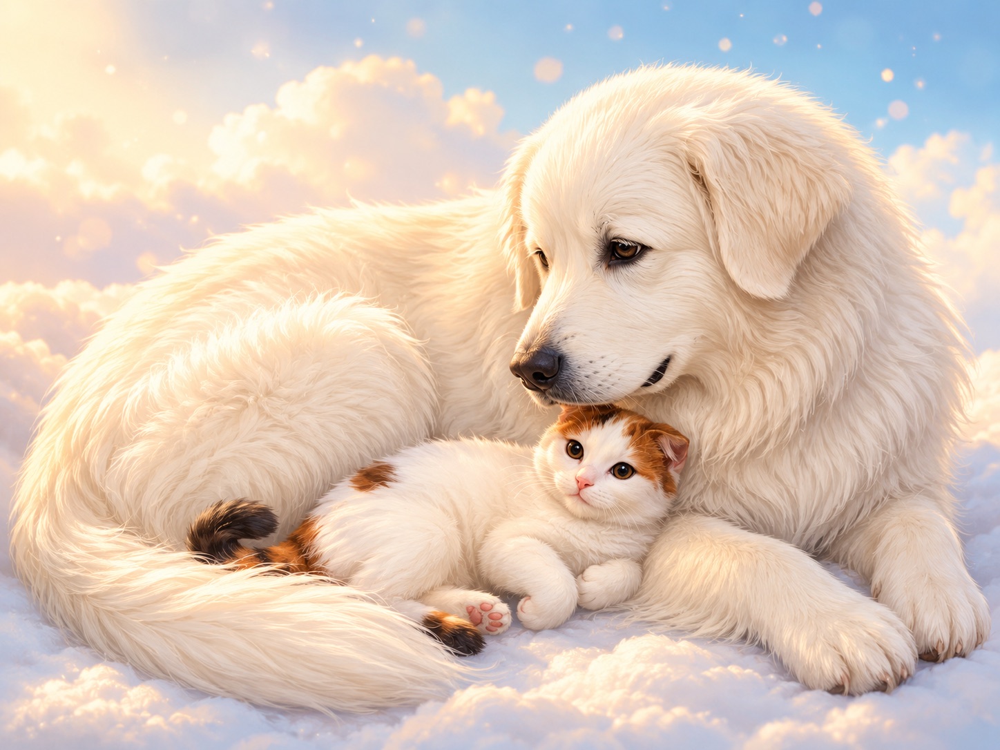 雲の上で寄り添う犬と猫の作品
