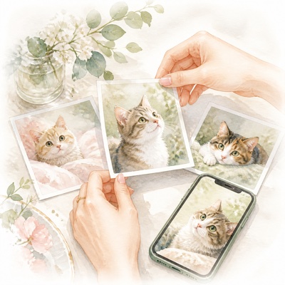 机の上に並んだ猫の写真から、一枚を選んでいる手元の挿絵
