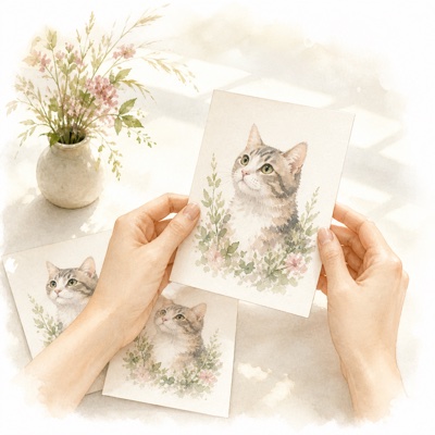 プリントした猫の作品を見比べている手元の挿絵
