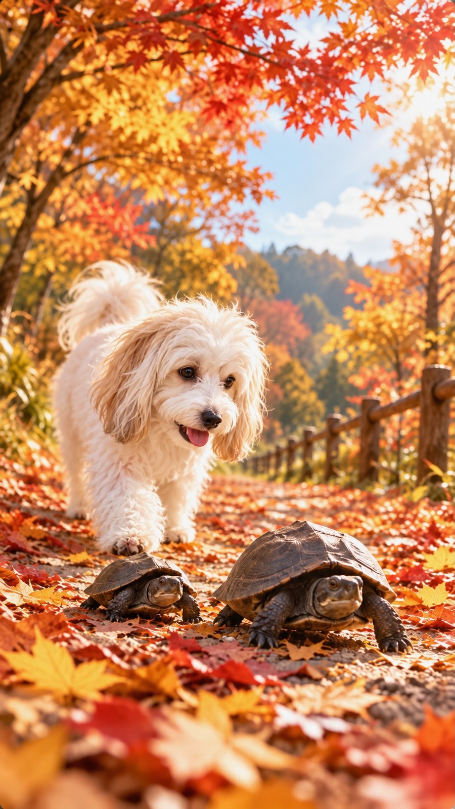 紅葉の小道を、白くふわふわの毛の犬と2匹のクサガメがいっしょに歩いている作品