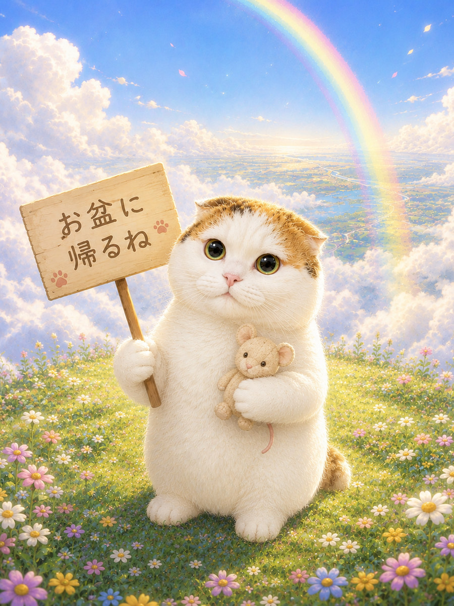 虹の空の下で「お盆に帰るね」の看板を持つ猫の作品