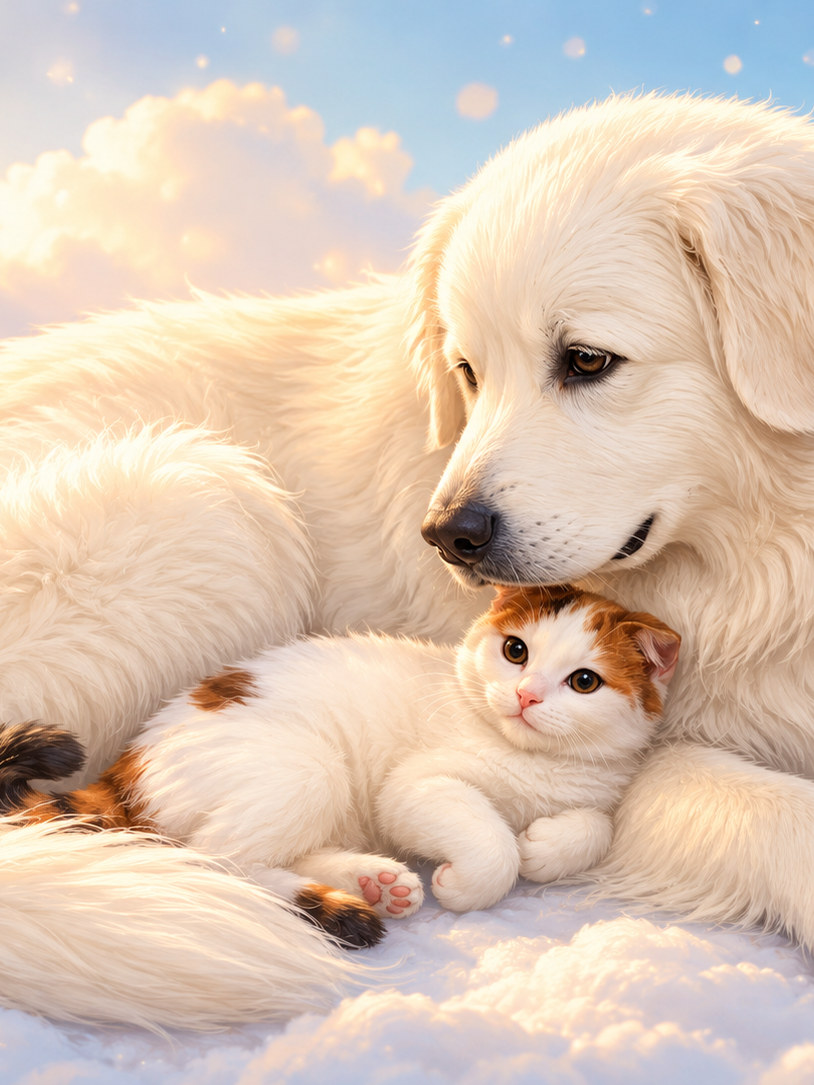 雲の上で寄り添う犬と猫の作品