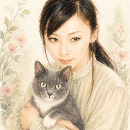 あしあとアトリエ 店主の似顔絵。グレーと白の保護猫を抱いている