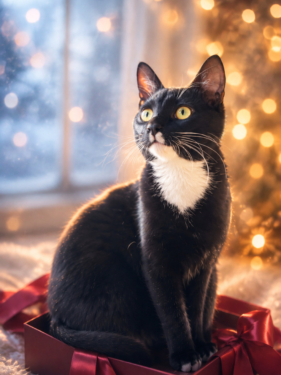 クリスマスの灯りに包まれた黒白の猫の作品